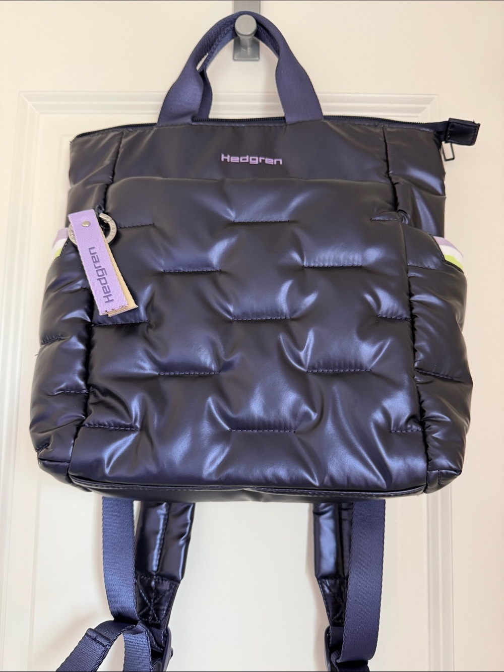 ⁠Hedgren Quilted Puffer Convertible Tote Backpack Dark Purple Travel Bag